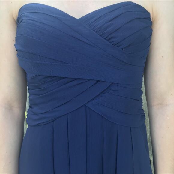 David's Bridal Short Crinkle Chiffon Dress Front Cascade Navy Strapless Mini - Picture 3 of 13